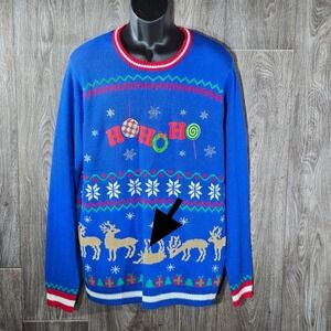 Jolly Sweaters Christmas Ugly Sweater Blue Ho Ho Ho Drunk Reindeer‎ XL